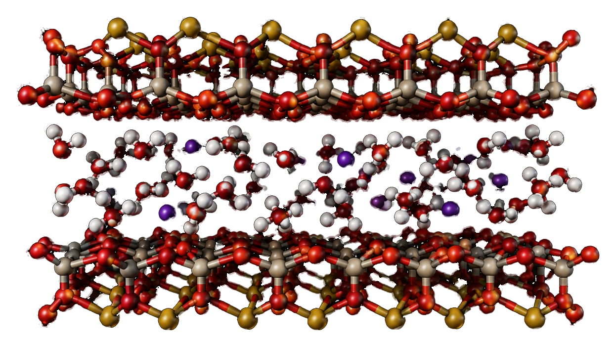 Supplied molecular illustration of montmorillonite layers with water and exchangeable ions between the layers